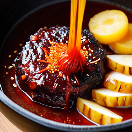 ** A close-up, high-angle shot showcasing the vibrant "alchemy" of Korean BBQ marinades. Focus on a bowl filled with various authentic K-BBQ marinade ingredients: deep red gochujang paste, bright orange gochugaru powder, freshly grated garlic and ginger, translucent slices of Asian pear, a pour of dark soy sauce, and a drizzle of amber sesame oil. The ingredients are artfully arranged, perhaps with a whisk or a hand gently mixing them, emphasizing freshness and the promise of deep umami flavor. The lighting is warm, highlighting the rich colors and textures, suggesting the transformative power of these elements.

2.  **Prompt for