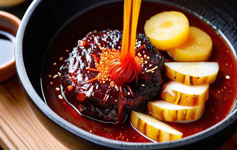 ** A close-up, high-angle shot showcasing the vibrant "alchemy" of Korean BBQ marinades. Focus on a bowl filled with various authentic K-BBQ marinade ingredients: deep red gochujang paste, bright orange gochugaru powder, freshly grated garlic and ginger, translucent slices of Asian pear, a pour of dark soy sauce, and a drizzle of amber sesame oil. The ingredients are artfully arranged, perhaps with a whisk or a hand gently mixing them, emphasizing freshness and the promise of deep umami flavor. The lighting is warm, highlighting the rich colors and textures, suggesting the transformative power of these elements.
2. **Prompt for