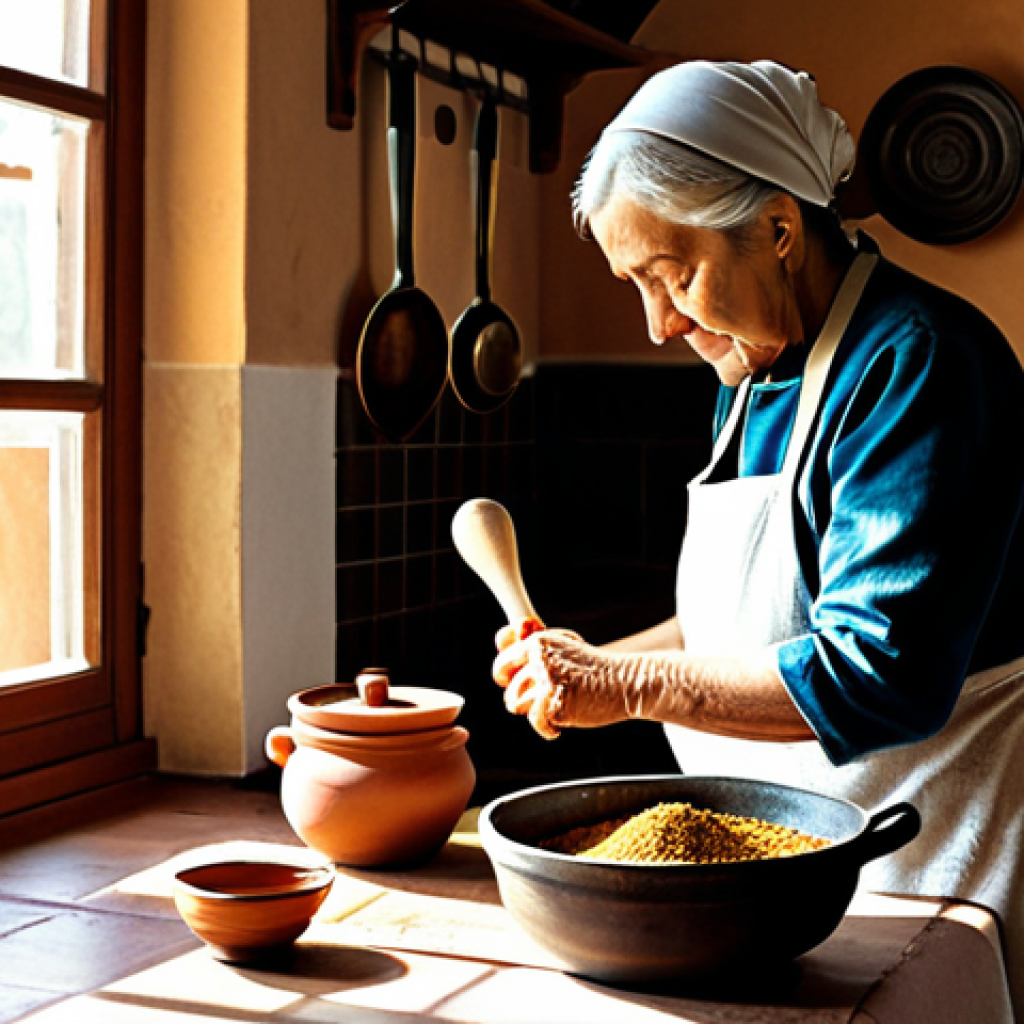 Traditional Kitchen Scene**

"A cozy, warm kitchen interior. A grandmother figure, fully clothed in a modest apron and dress, is using a mortar and pestle (almirez) to grind spices. Various traditional Spanish cooking utensils are visible: a clay pot (olla de barro), a paella pan (paellera) hanging on the wall. Sunlight streams through a window. Safe for work, appropriate content, fully clothed, professional photography, perfect anatomy, natural proportions, family-friendly."

**