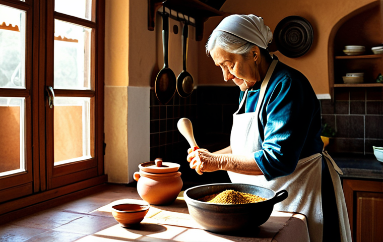 Traditional Kitchen Scene**
"A cozy, warm kitchen interior. A grandmother figure, fully clothed in a modest apron and dress, is using a mortar and pestle (almirez) to grind spices. Various traditional Spanish cooking utensils are visible: a clay pot (olla de barro), a paella pan (paellera) hanging on the wall. Sunlight streams through a window. Safe for work, appropriate content, fully clothed, professional photography, perfect anatomy, natural proportions, family-friendly."
**