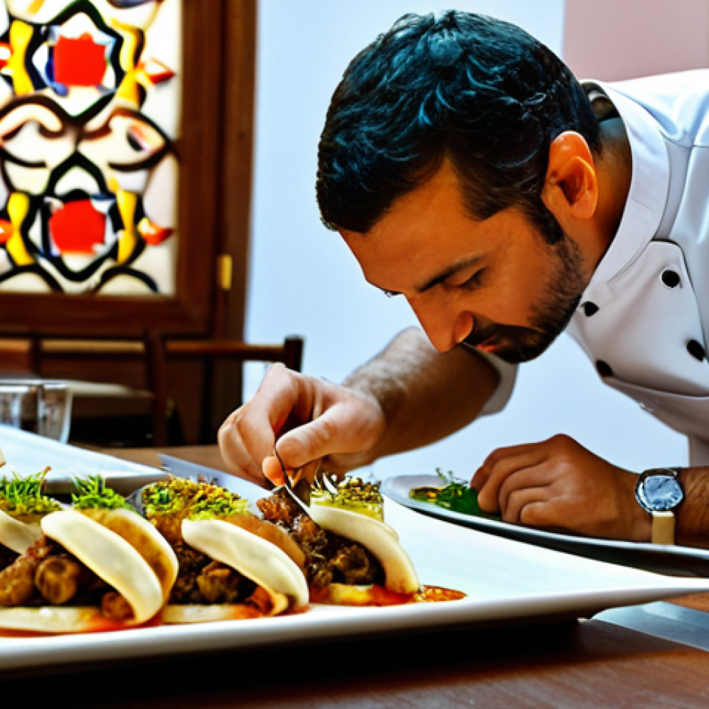 전통 조미료와 퓨전 요리의 조화 - Modern Tapas Bar**

"A vibrant tapas bar in Madrid, featuring fusion tapas. A chef is carefully plat...