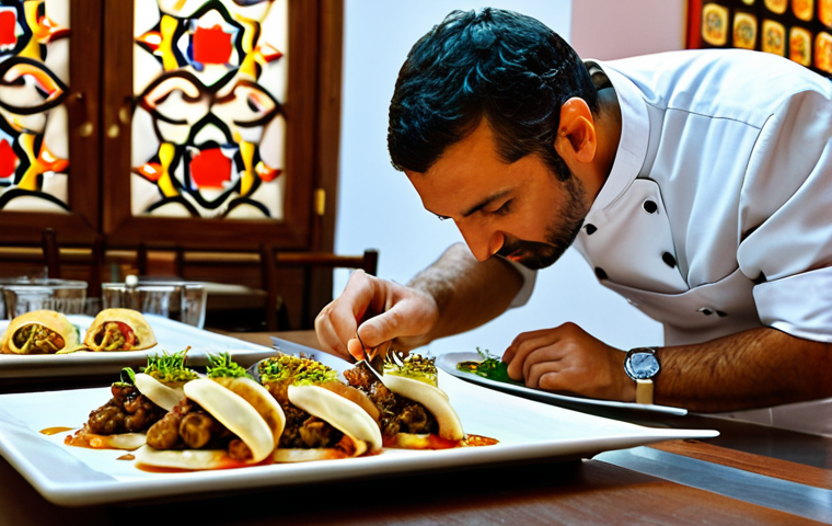 전통 조미료와 퓨전 요리의 조화 - Modern Tapas Bar**
"A vibrant tapas bar in Madrid, featuring fusion tapas. A chef is carefully plat...