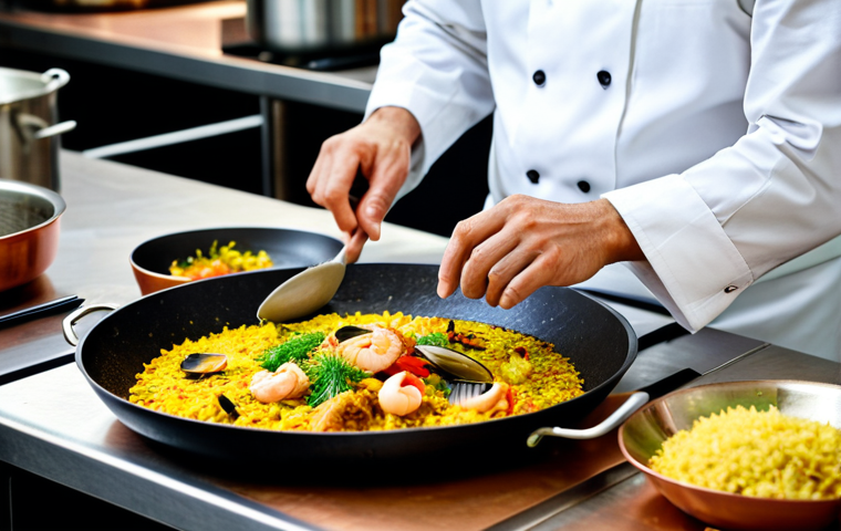 전통 조미료와 퓨전 요리의 조화 - Modern Tapas Bar**

"A vibrant tapas bar in Madrid, featuring fusion tapas. A chef is carefully plat...