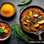 Home 20 전통 조미료를 이용한 특별한 외식 경험 - A vibrant Mediterranean kitchen scene showcasing an elegant paella dish infused with golden saffron ...