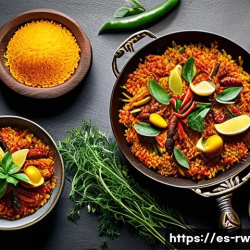 Home 32 전통 조미료를 이용한 특별한 외식 경험 - A vibrant Mediterranean kitchen scene showcasing an elegant paella dish infused with golden saffron ...