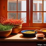 Home 18 전통 조미료의 이점과 단점 비교 - A vibrant Spanish kitchen scene featuring traditional condiments prominently displayed: fresh garlic...