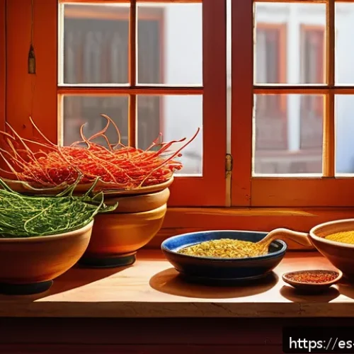 Home 30 전통 조미료의 이점과 단점 비교 - A vibrant Spanish kitchen scene featuring traditional condiments prominently displayed: fresh garlic...