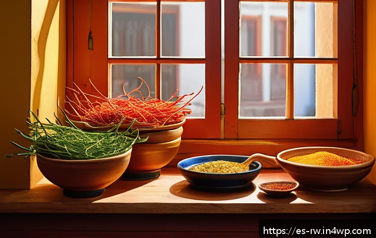 전통 조미료의 이점과 단점 비교 - A vibrant Spanish kitchen scene featuring traditional condiments prominently displayed: fresh garlic...