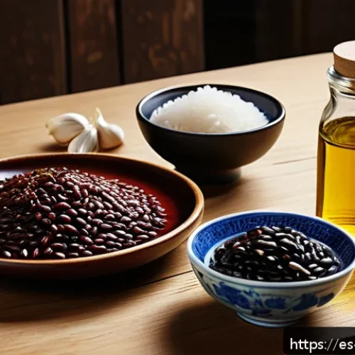 Home 17 중국 전통 조미료 비교 분석 - A vibrant and detailed still life of traditional Chinese condiments arranged on a rustic wooden tabl...