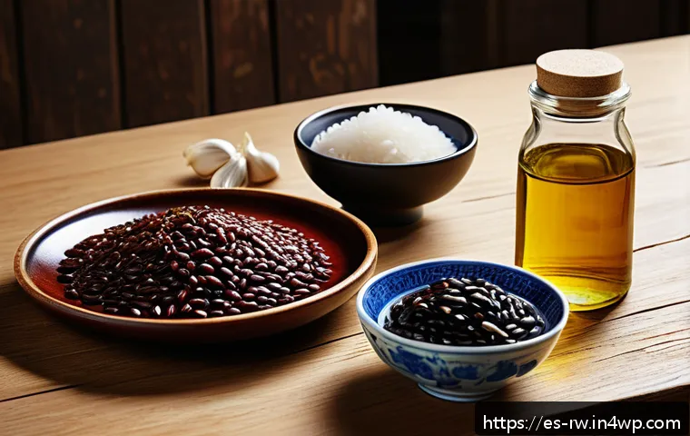 중국 전통 조미료 비교 분석 - A vibrant and detailed still life of traditional Chinese condiments arranged on a rustic wooden tabl...