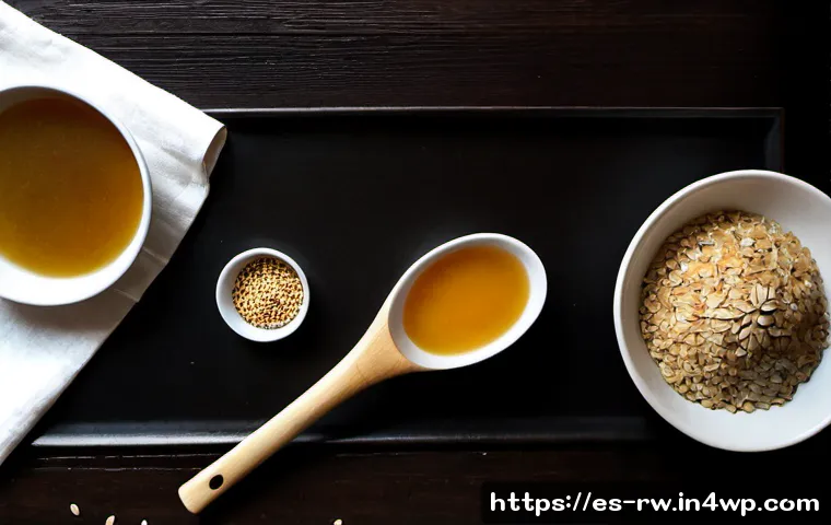 Home 17 일본 전통 조미료의 역사와 사용법 - Photorealistic overhead still life of traditional Japanese seasonings arranged on a dark wooden kitc...