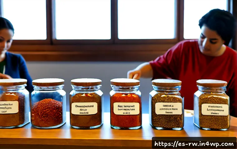 전통 조미료의 전시회와 박람회 - Photorealistic traditional Spanish seasoning exhibition in a bright Mediterranean convention hall, n...
