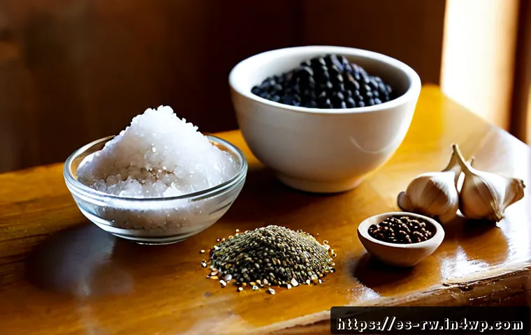 전통 조미료의 과학적 원리 - Photorealistic Spanish kitchen still life illustrating the science of traditional seasonings: clear ...