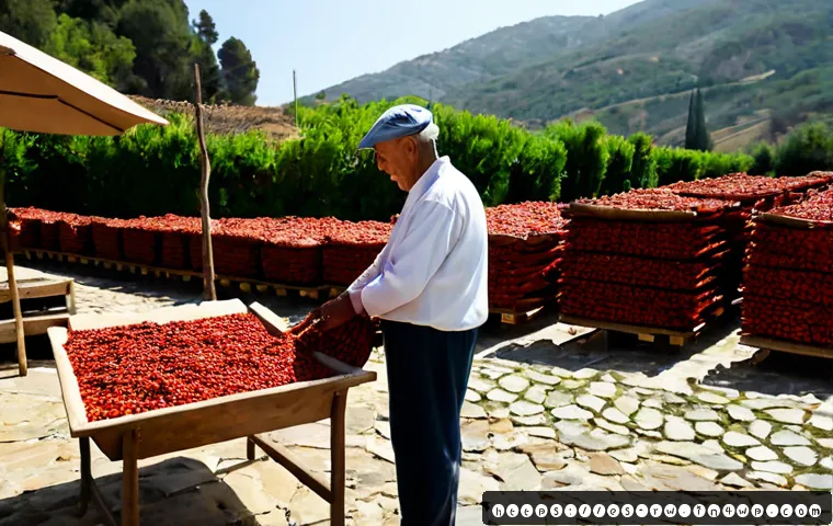 전통 조미료로 유명한 지역 탐방 - Photorealistic travel scene in La Vera, Spain, showcasing traditional smoked paprika production: eld...