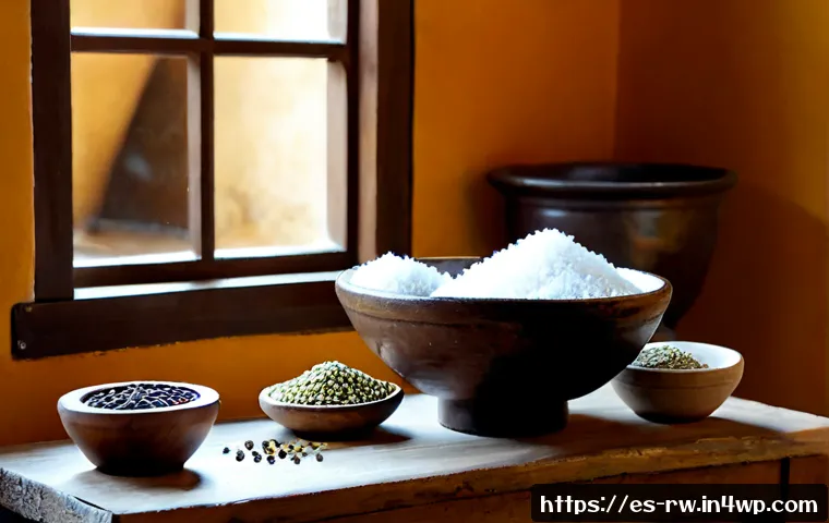조미료의 시대별 진화 과정 - Photorealistic historical Spanish kitchen still life showing the early evolution of seasonings: rust...